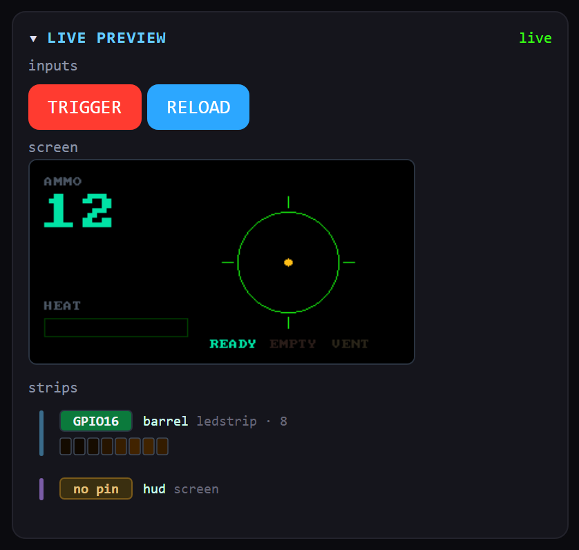 The live preview showing TRIGGER and RELOAD buttons, the HUD screen with reticle and ammo counter, and the barrel strip below.