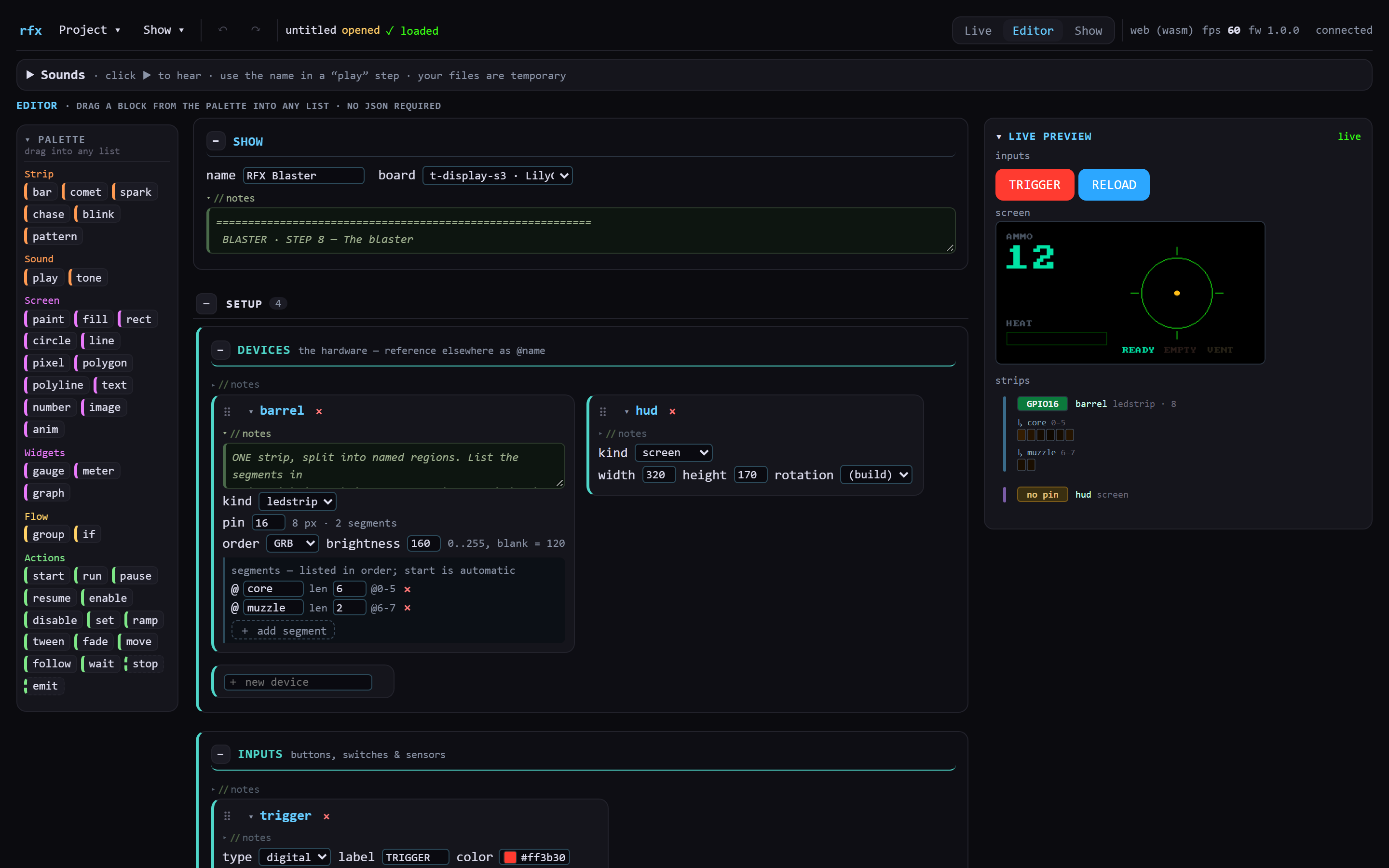 The Studio Editor tab with the finished blaster loaded, showing the devices section with the segmented barrel and the hud screen, and the live preview at right.