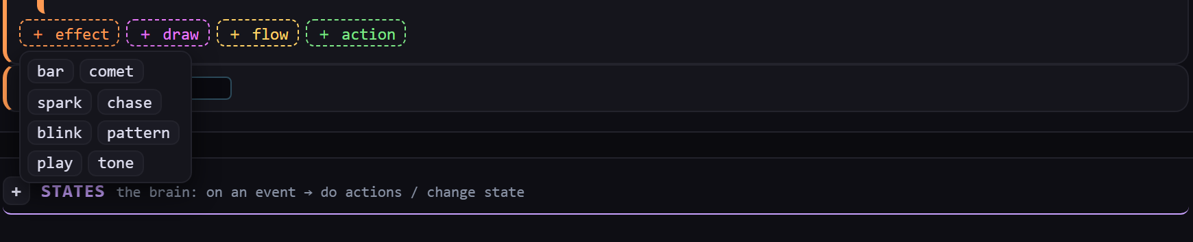 An add bar reading + effect, + draw, + flow, + action, with the + effect menu open showing chips for bar, comet, spark, chase, blink, pattern, play and tone.