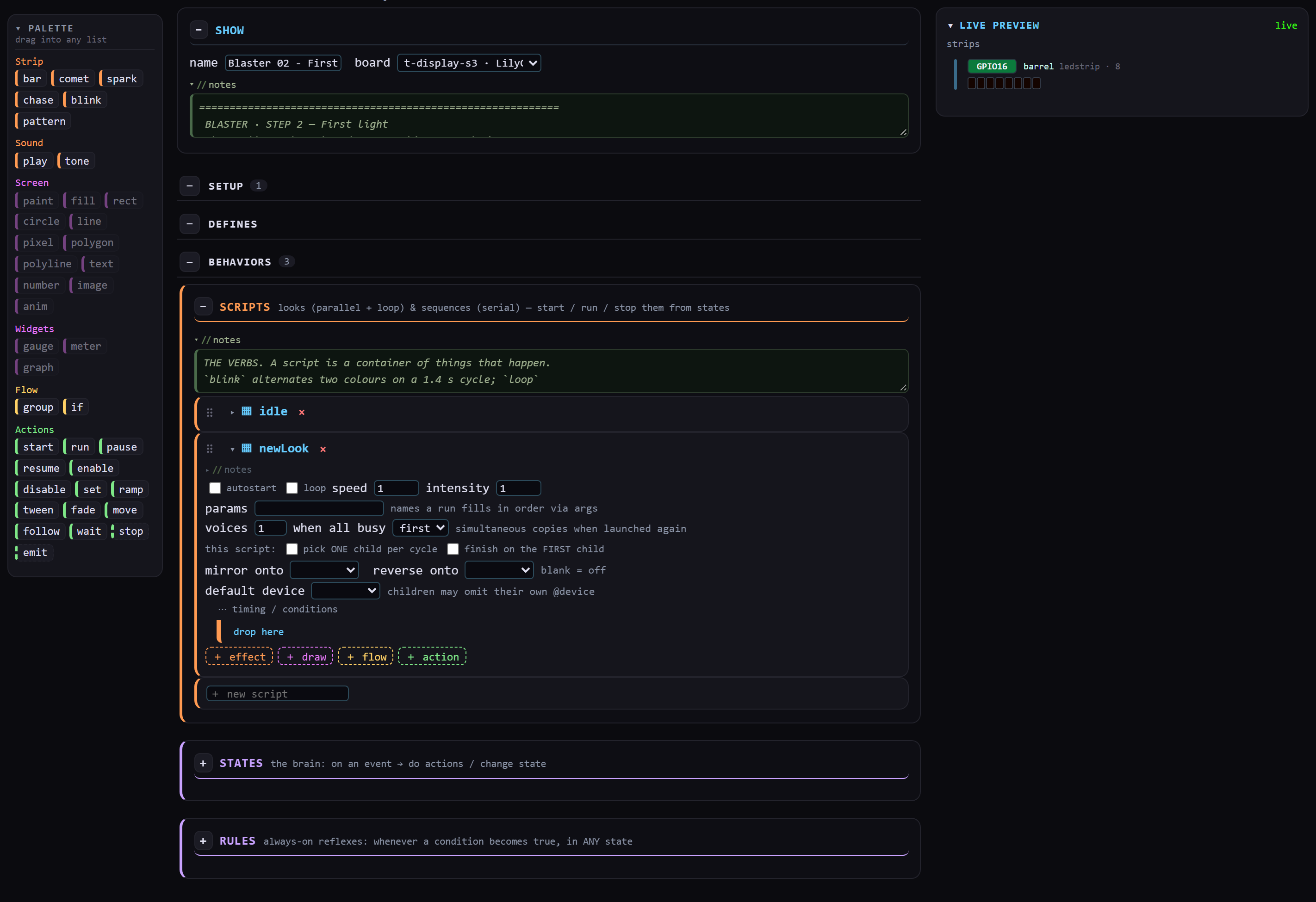 The Studio Editor tab: a block palette down the left listing verbs grouped as Strip, Sound, Screen, Widgets, Flow and Actions; the show tree in the middle with a script card open showing an empty children list labelled 'drop here' and an add bar reading + effect, + draw, + flow, + action; the live preview on the right.