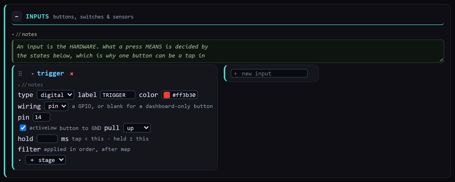 An input card in the Studio named trigger: a type dropdown set to digital, a label box reading TRIGGER, a colour swatch showing #ff3b30, a wiring dropdown set to pin, a pin box set to 14, a ticked activeLow checkbox described as 'button to GND', a pull dropdown set to up, a hold-in-milliseconds box, and a filter row with a '+ stage' picker.