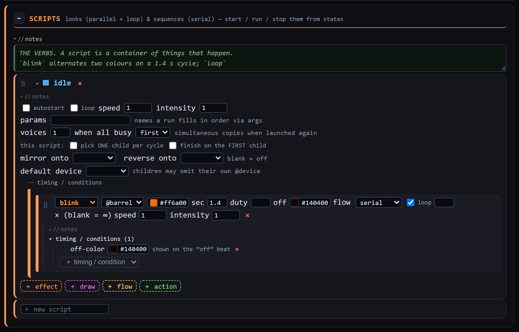 A script card named idle in the Studio, containing one step row: a verb dropdown set to blink, a device dropdown set to @barrel, a colour swatch showing #ff6a00, sec 1.4, duty, an off colour of #140400, a flow dropdown set to serial, a ticked loop checkbox, speed and intensity boxes, and an expanded timing/conditions fold showing an off-color row.