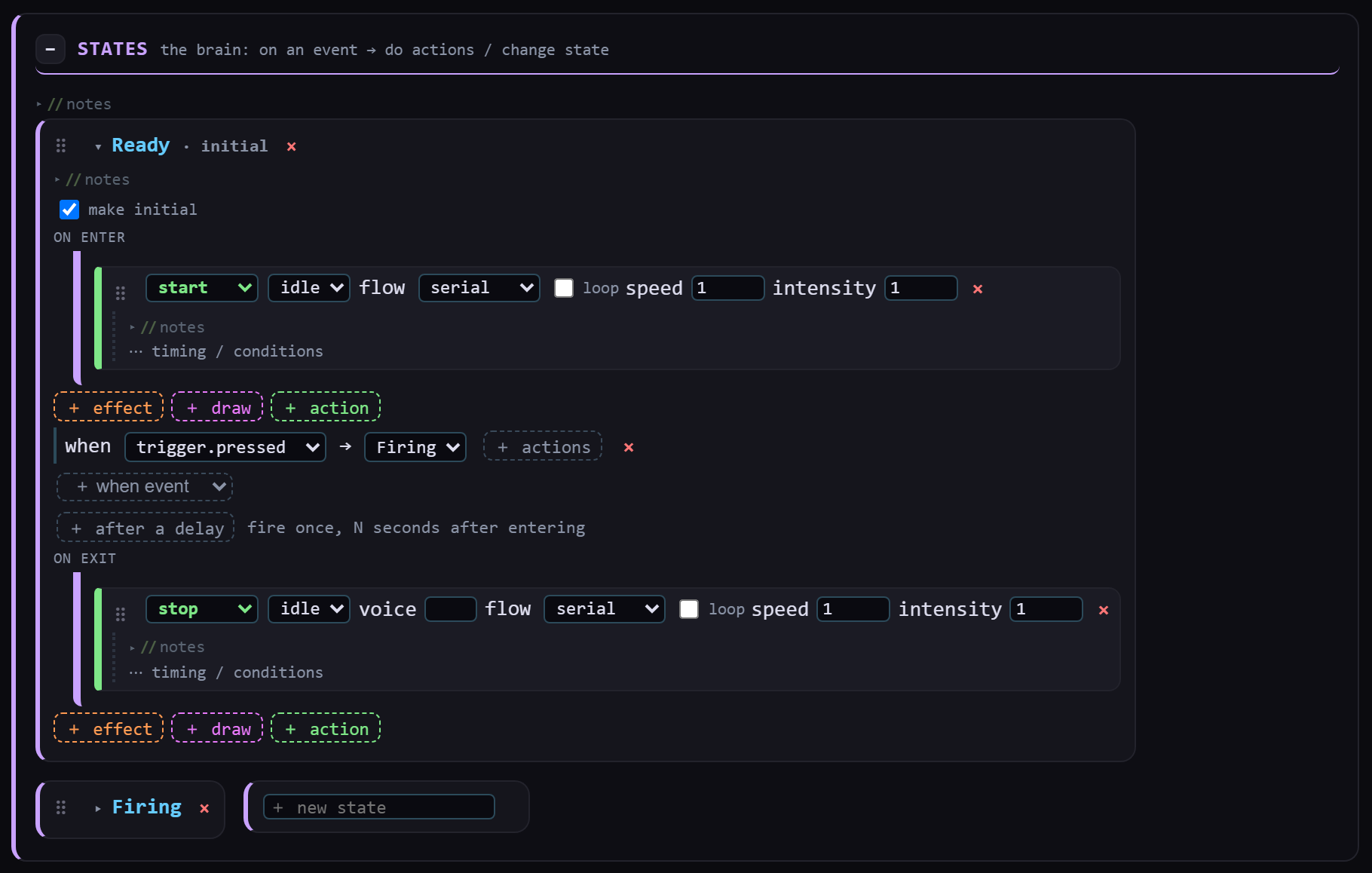The Ready state card in the Studio: a ticked 'make initial' checkbox; an ON ENTER list containing a start step targeting idle; a 'when trigger.pressed → Firing' row with a '+ actions' button; a '+ when event' picker; a '+ after a delay' button; and an ON EXIT list containing a stop step targeting idle.