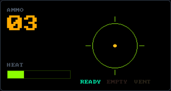 The HUD with the ammo counter showing a low count in amber, the heat bar partly filled, and READY still lit.