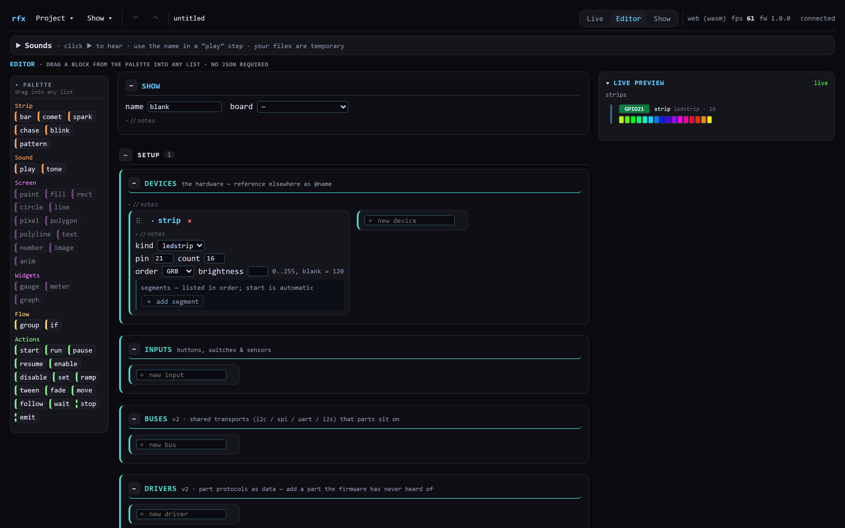 The RFX Effects Studio on the Editor tab: a menu bar across the top, a Sounds strip, a block palette down the left, the show tree in the middle, and a live preview panel on the right.