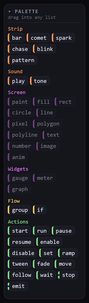 The block palette, grouped into Strip (bar, comet, spark, chase, blink, pattern), Sound (play, tone), Screen (paint, fill, rect, circle, line, pixel, polygon, polyline, text, number, image, anim), Widgets (gauge, meter, graph), Flow (group, if) and Actions (start, run, pause, resume, enable, disable, set, ramp, tween, fade, move, follow, wait, stop, emit).