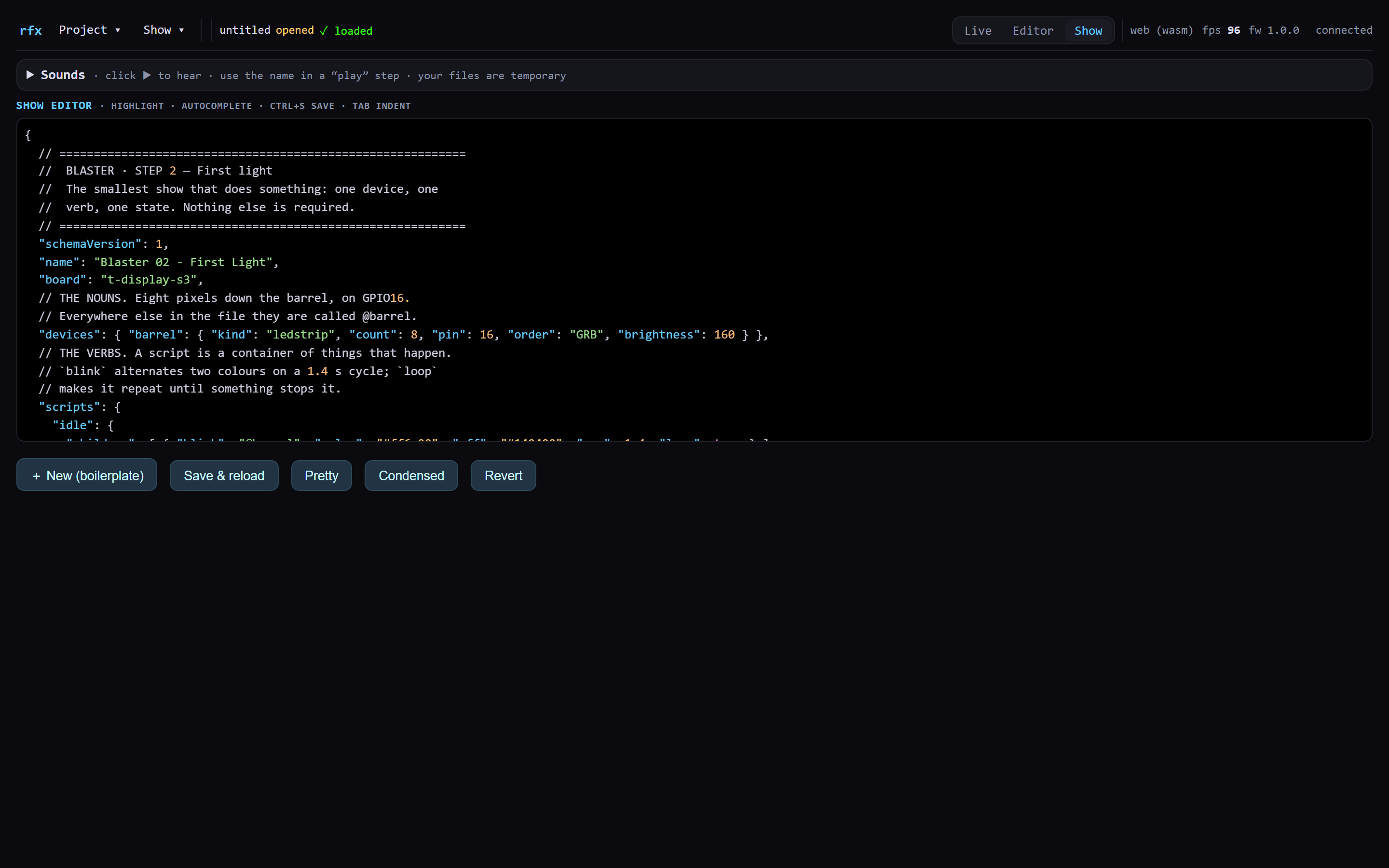 The Studio Show tab displaying the first-light show as syntax-highlighted JSON text.